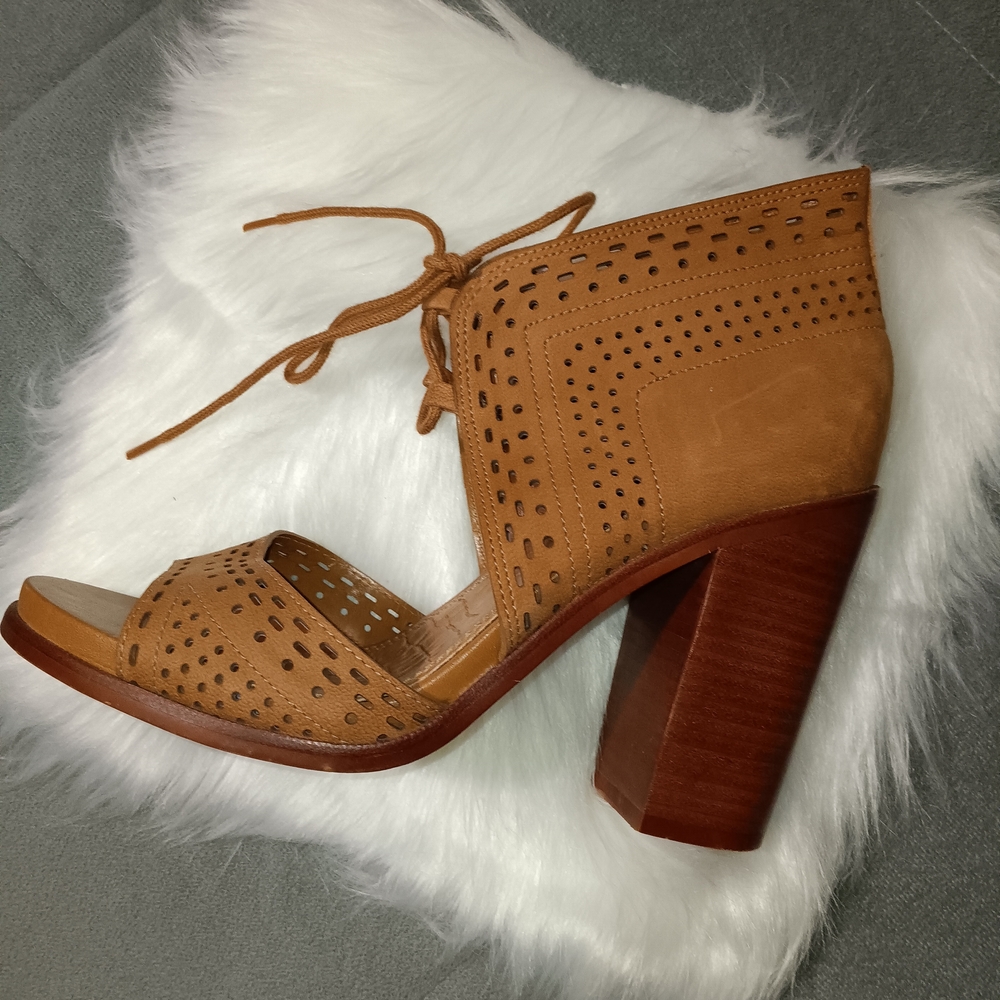 Gianni Bini Tan Block Heel Mules with Perforated Design
